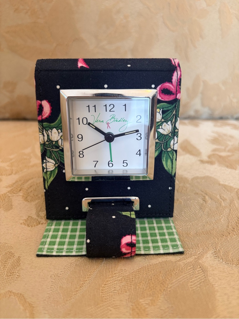 Vera Bradley Black Floral Folding Travel Clock with Pink Accents